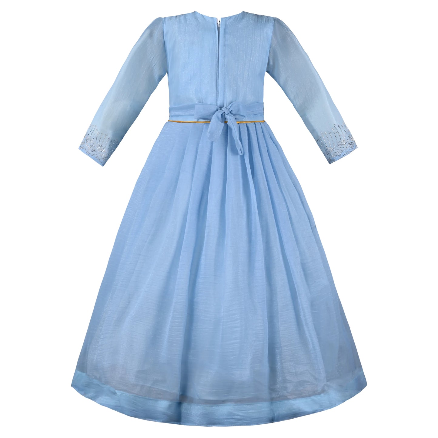 Girls Chiffon Embroidered Gown with Full Sleeves & Tassel Detail | Elegant Kids Party Wear