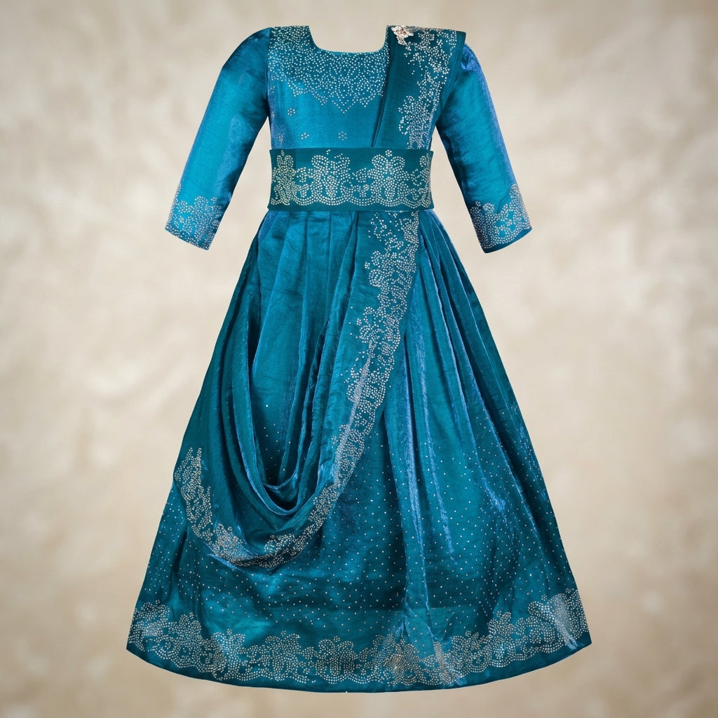 Girls Satin Ethnic Gown with Dupatta & Embellished Design | Premium Kids Festive Wear