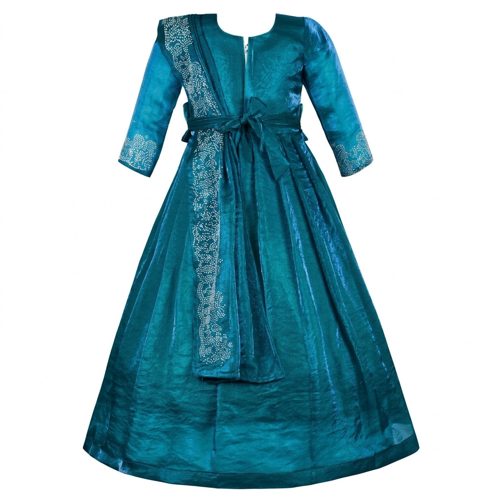 Girls Satin Ethnic Gown with Dupatta & Embellished Design | Premium Kids Festive Wear