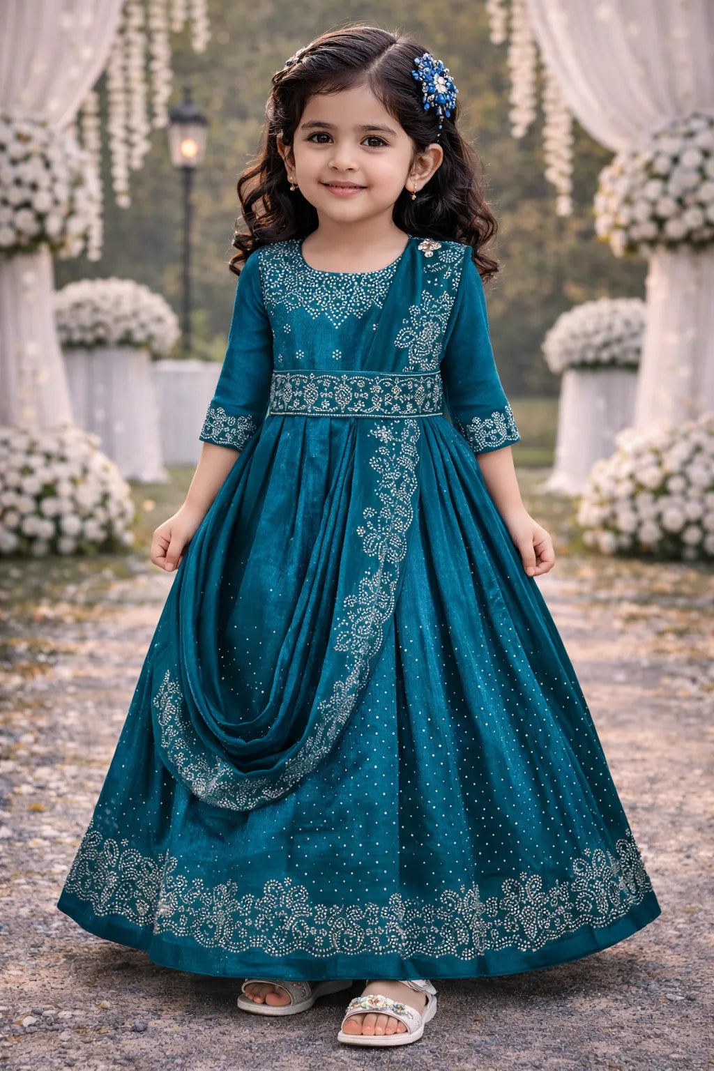 Girls Satin Ethnic Gown with Dupatta & Embellished Design | Premium Kids Festive Wear