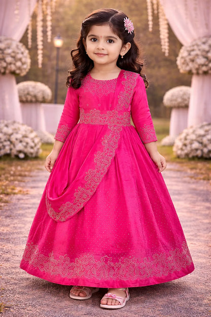 Girls Satin Ethnic Gown with Dupatta & Embellished Design | Premium Kids Festive Wear
