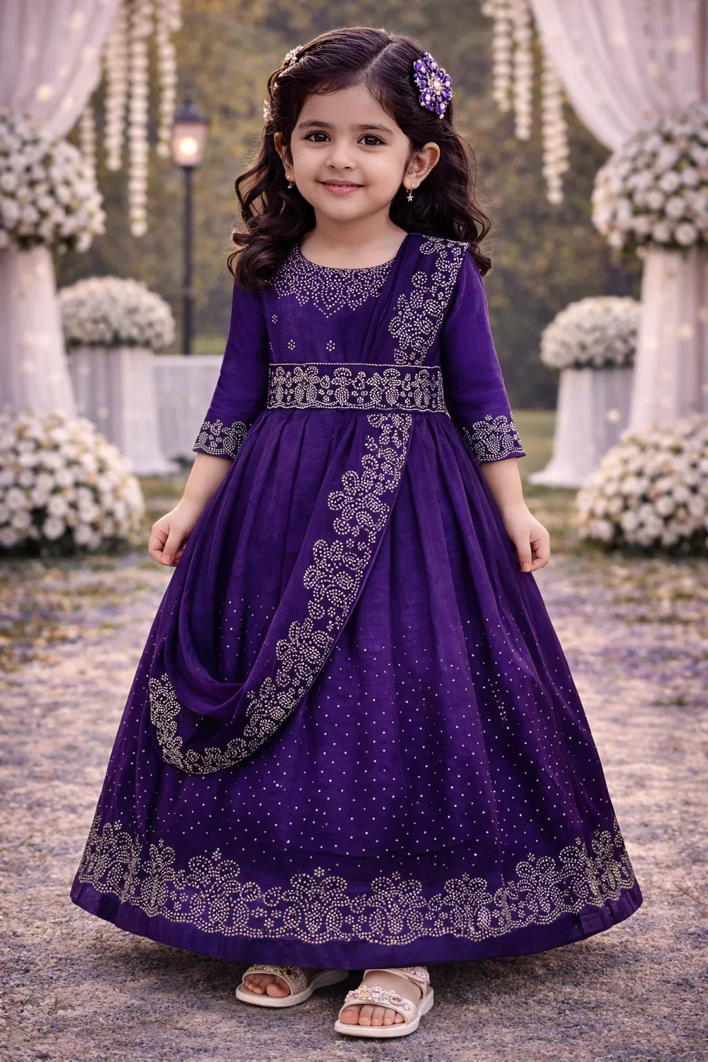 Girls Satin Ethnic Gown with Dupatta & Embellished Design | Premium Kids Festive Wear