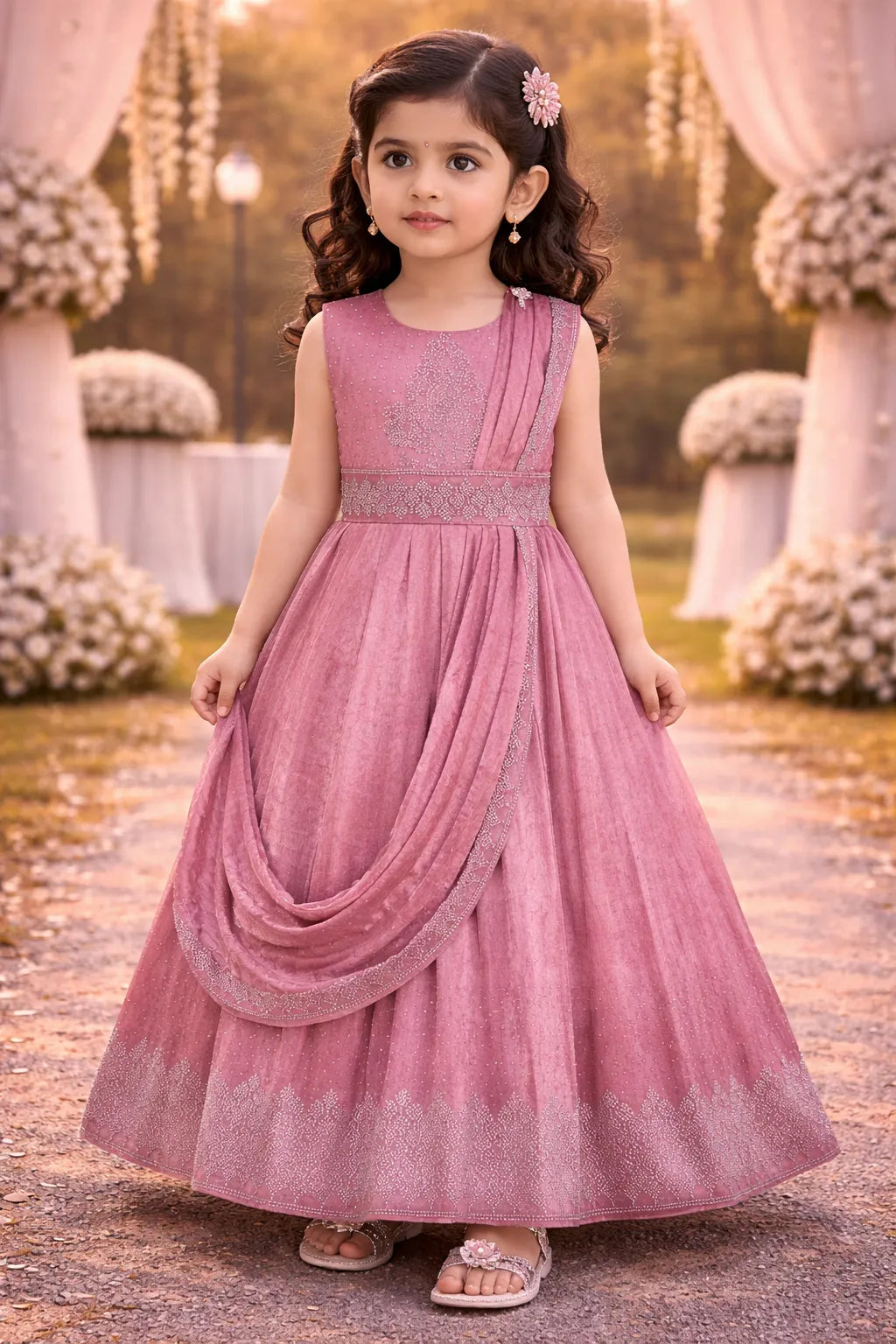 Girls Satin Ethnic Gown with Dupatta & Embellished Design | Elegant Kids Festive Wear