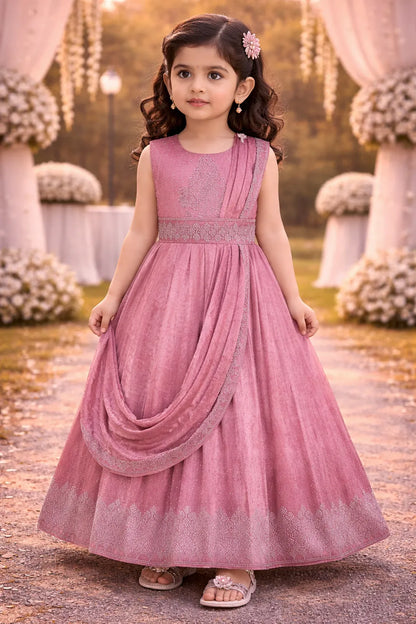 Girls Satin Ethnic Gown with Dupatta & Embellished Design | Elegant Kids Festive Wear