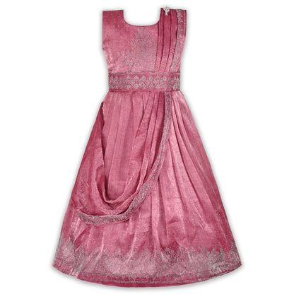 Girls Satin Ethnic Gown with Dupatta & Embellished Design | Elegant Kids Festive Wear