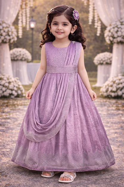 Girls Satin Ethnic Gown with Dupatta & Embellished Design | Elegant Kids Festive Wear