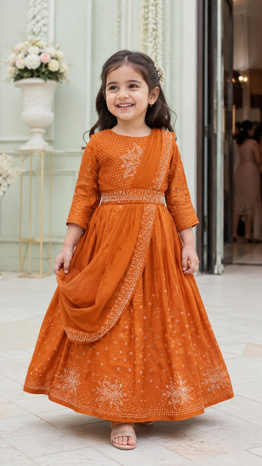 Girls Korean Satin Ethnic Party Wear Gown with Drape Detail