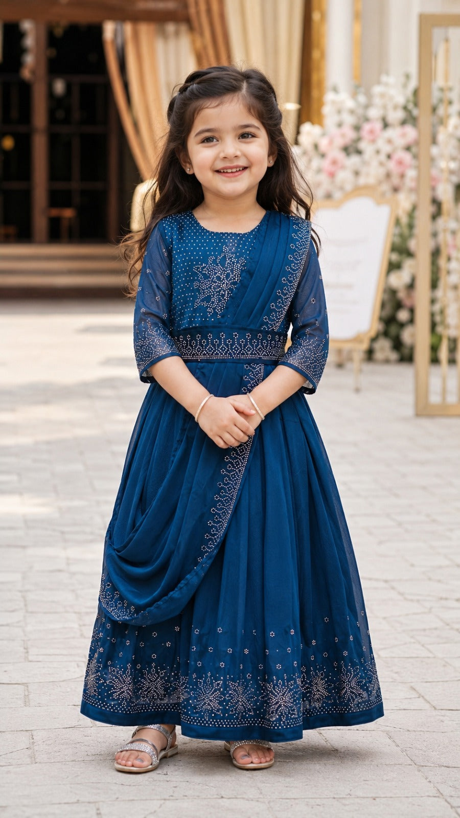 Girls Korean Satin Ethnic Party Wear Gown with Drape Detail