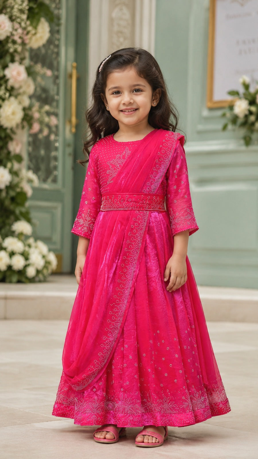 Girls Korean Satin Ethnic Party Wear Gown with Drape Detail