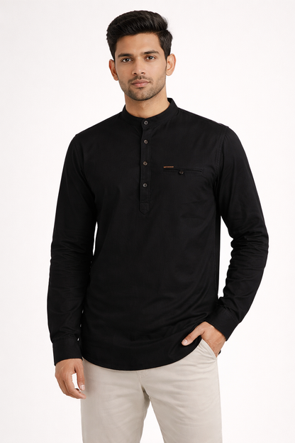 Men’s Solid Cotton Kurta Shirt – Mandarin Collar, Full Sleeves