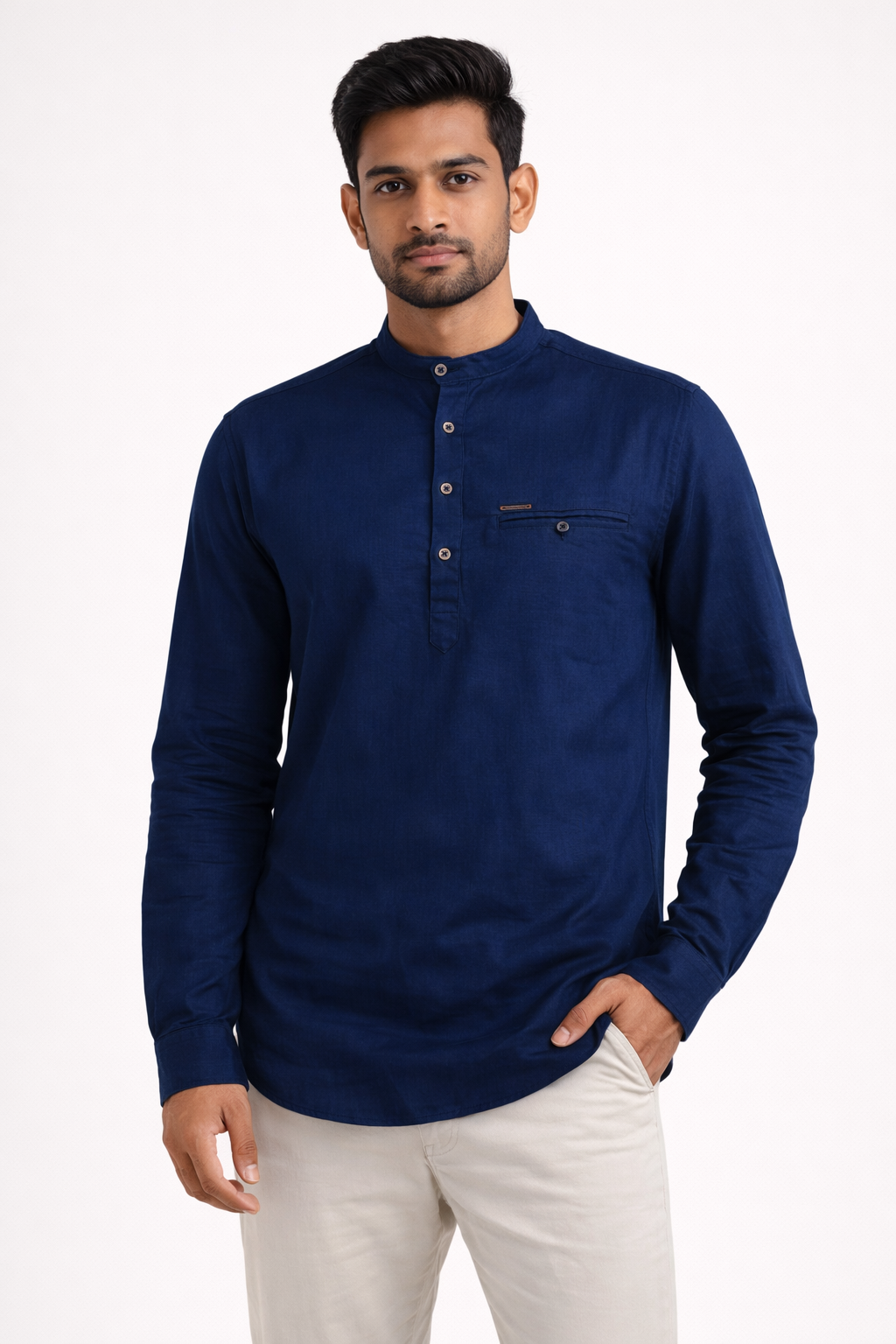 Men’s Solid Cotton Kurta Shirt – Mandarin Collar, Full Sleeves