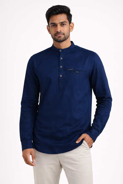 Men’s Solid Cotton Kurta Shirt – Mandarin Collar, Full Sleeves