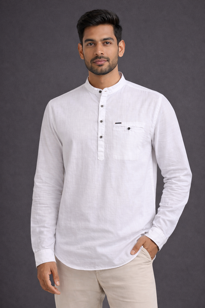 Men’s Solid Cotton Kurta Shirt – Mandarin Collar, Full Sleeves