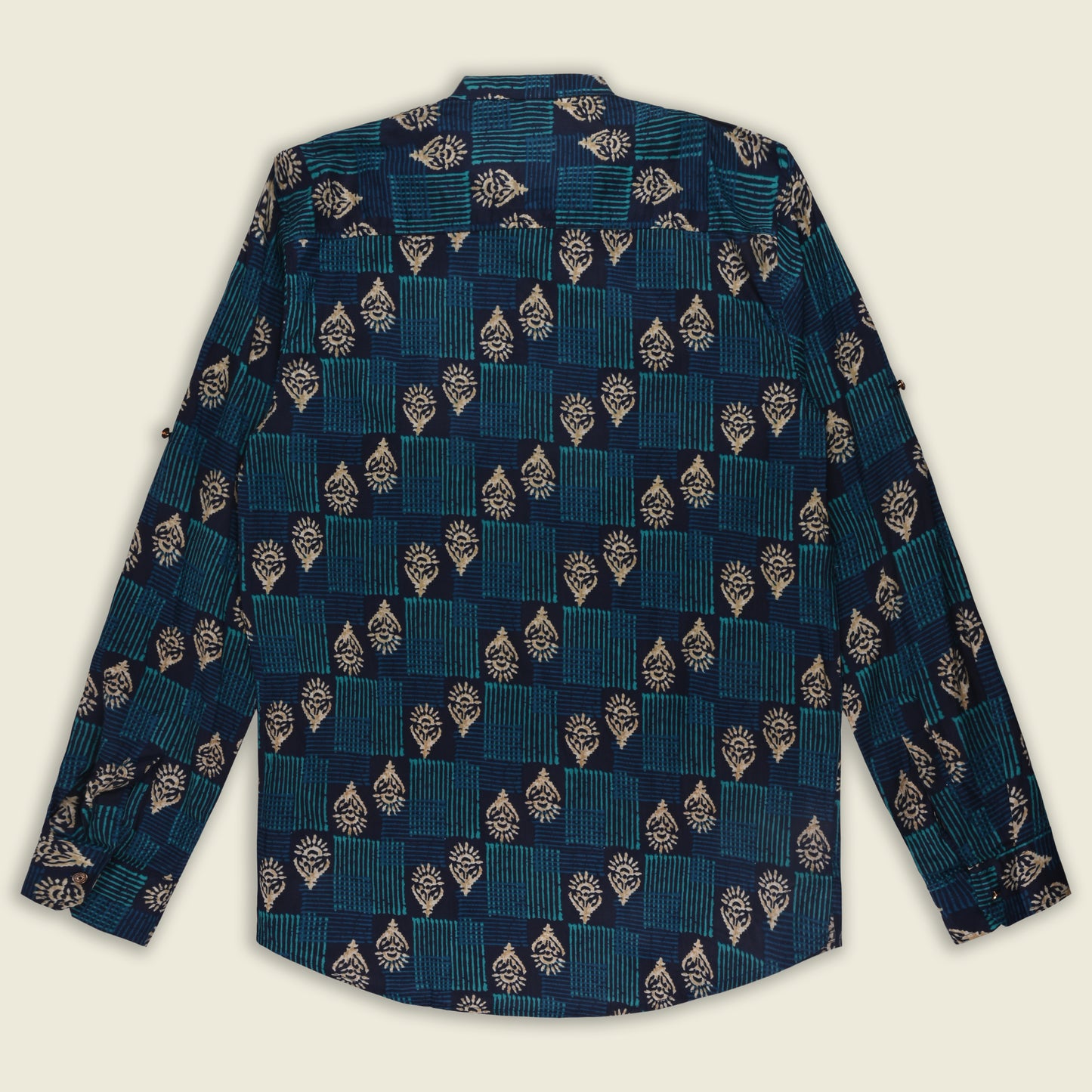 Men’s Printed Cotton Kurta Shirt – Ethnic Block Pattern, Full Sleeves