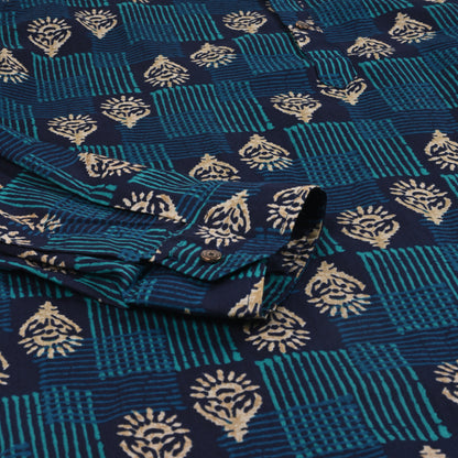 Men’s Printed Cotton Kurta Shirt – Ethnic Block Pattern, Full Sleeves