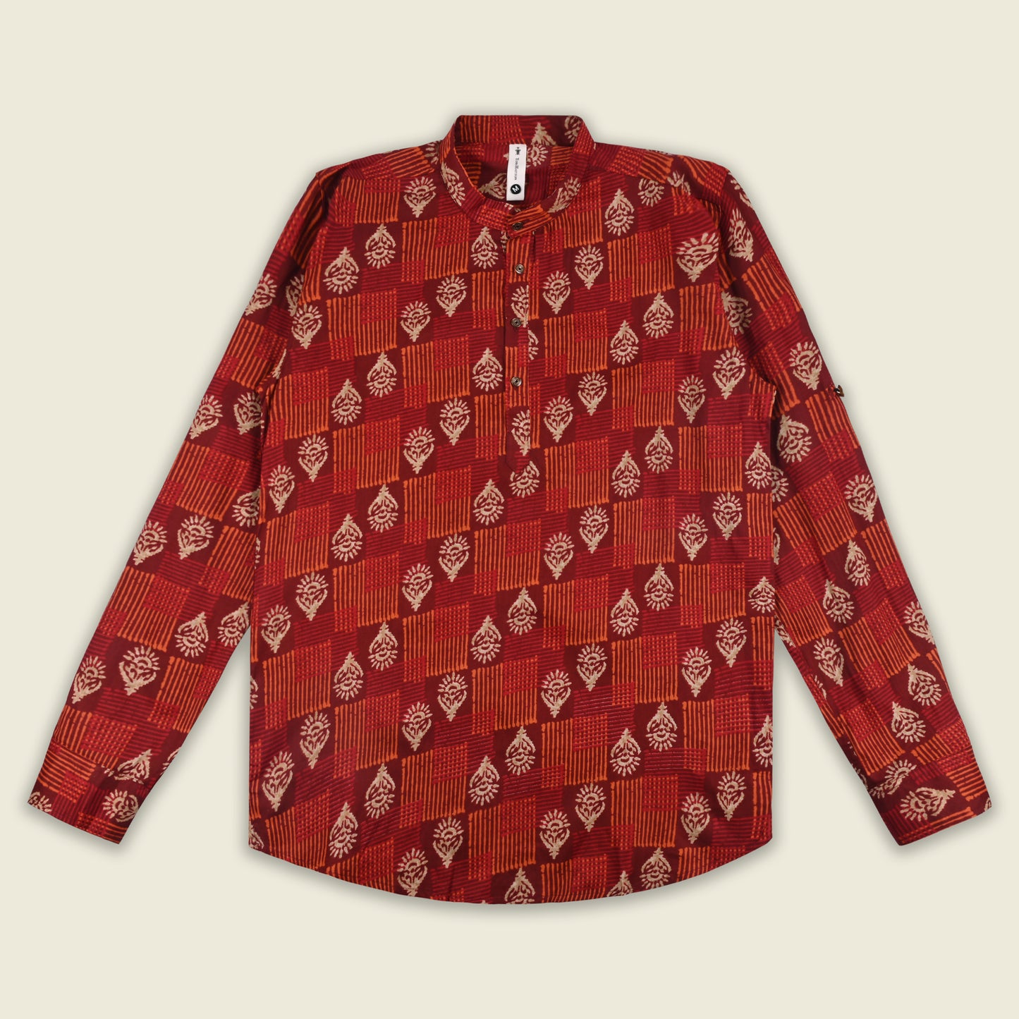 Men’s Printed Cotton Kurta Shirt – Ethnic Block Pattern, Full Sleeves