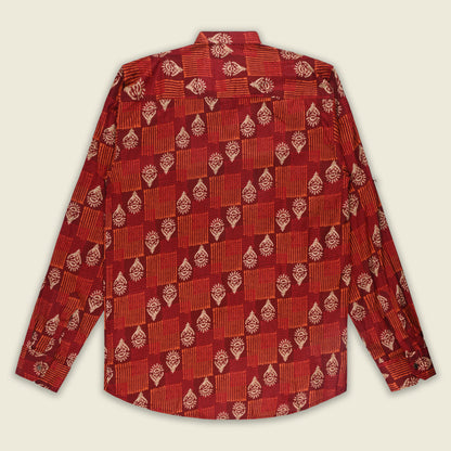 Men’s Printed Cotton Kurta Shirt – Ethnic Block Pattern, Full Sleeves