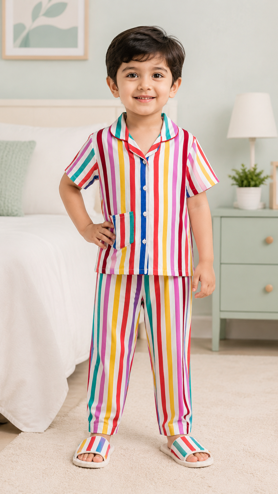 Boys Cotton Striped Night Suit Set – Multicolor Stripe Print