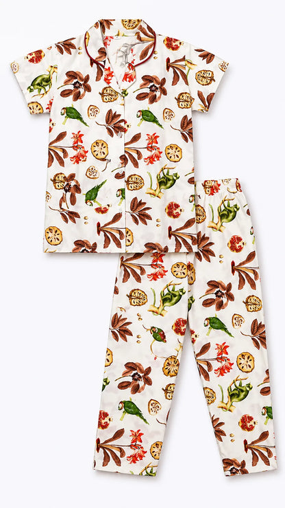 Kids Cotton Nature Print Night Suit Set – Ivory Botanical Print