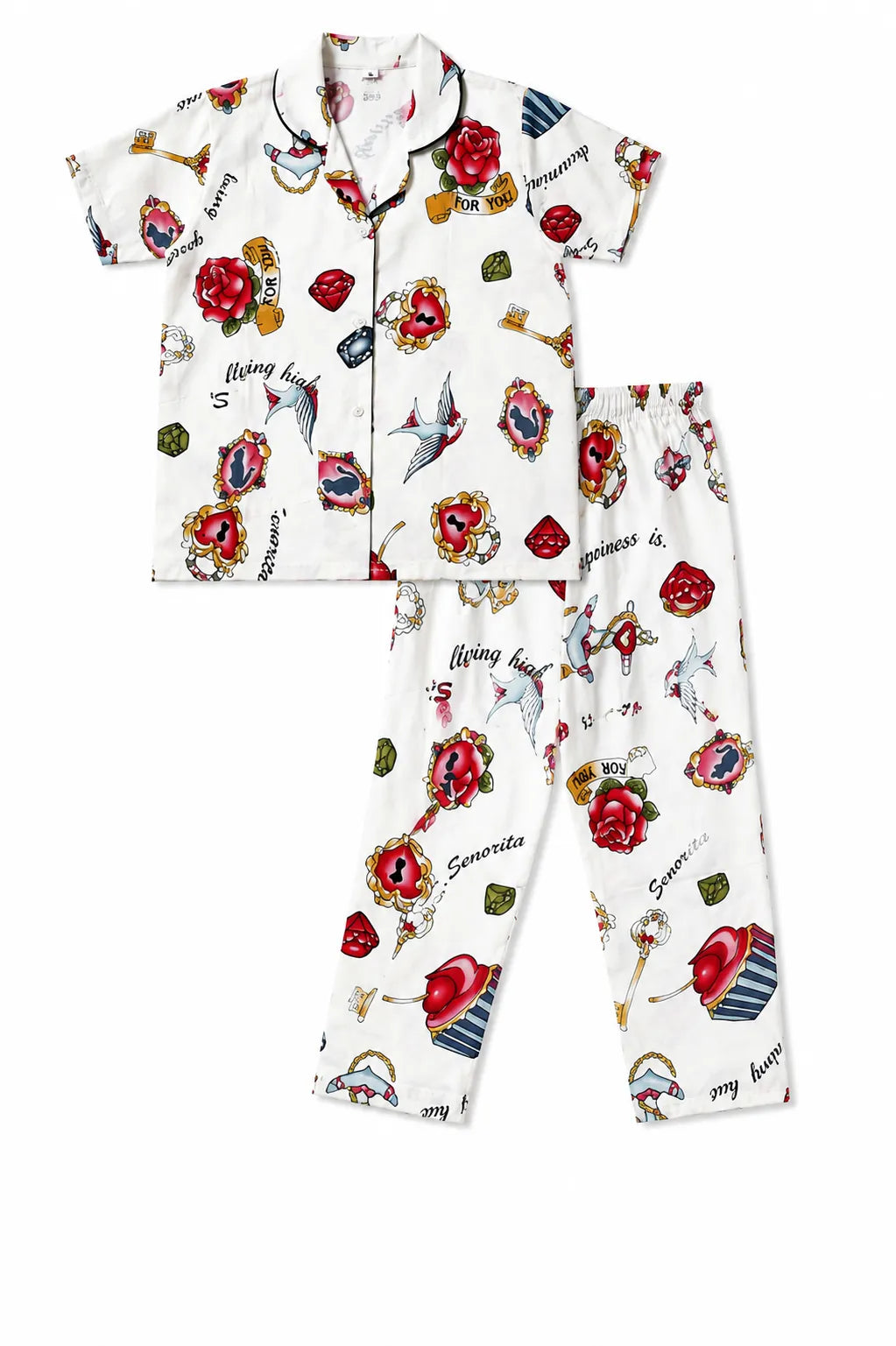 Girls Cotton Printed Night Suit Set – Vintage Charm Print