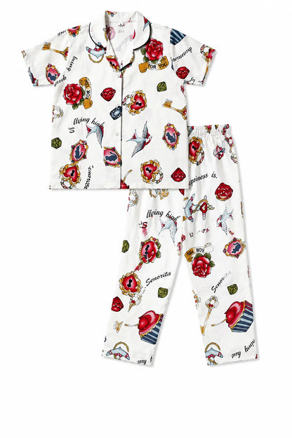 Girls Cotton Printed Night Suit Set – Vintage Charm Print