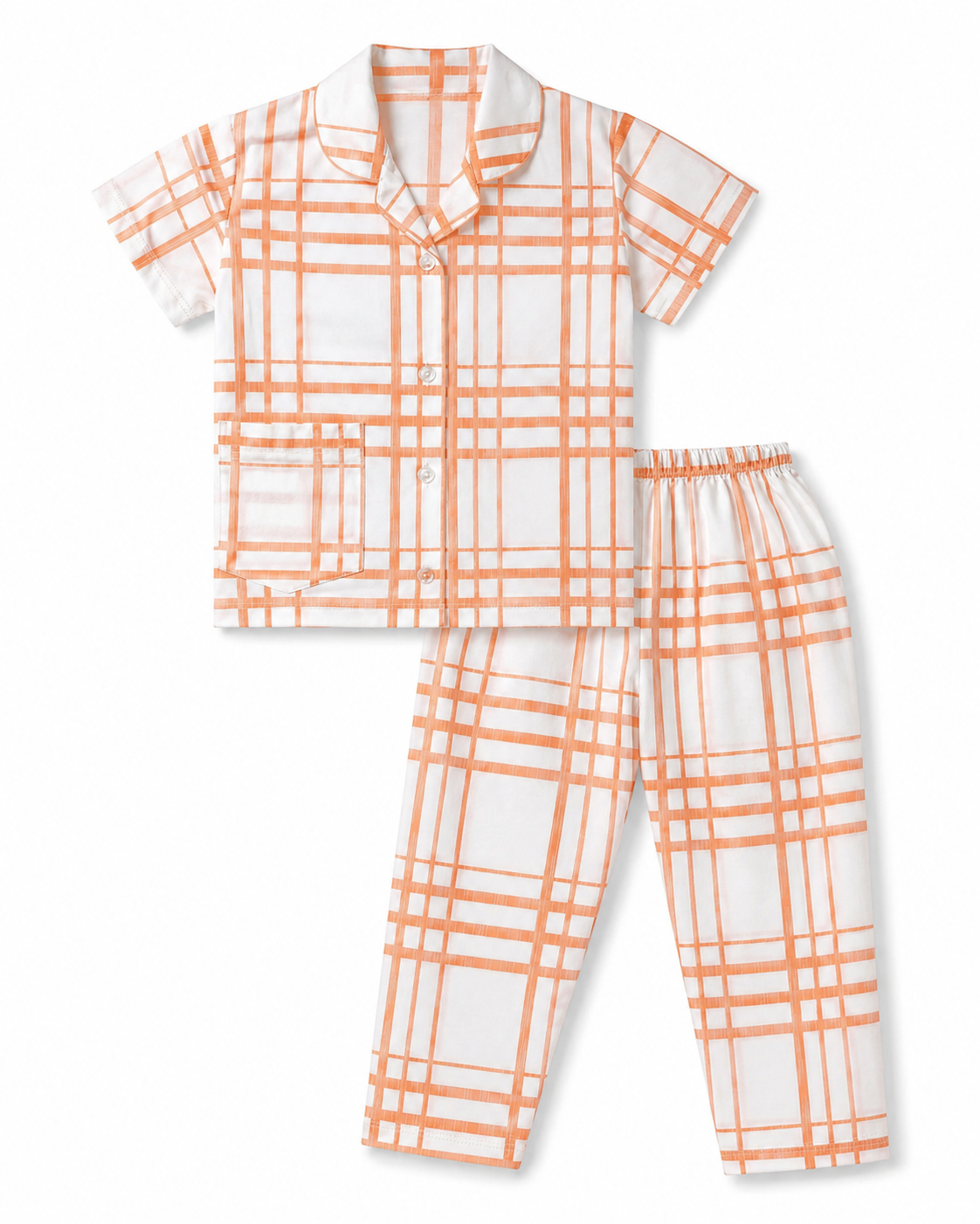 Girls Cotton Checked Night Suit Set – Peach & White
