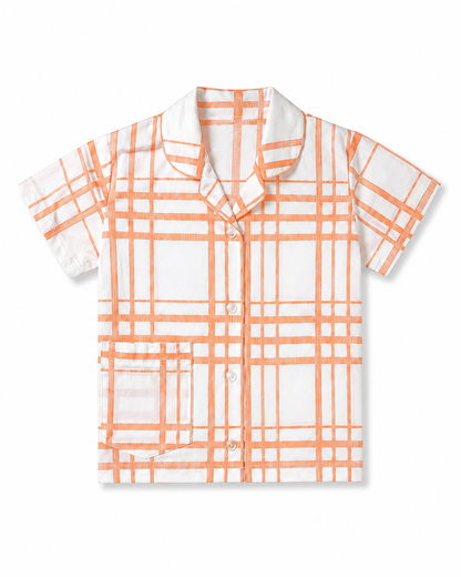 Girls Cotton Checked Night Suit Set – Peach & White