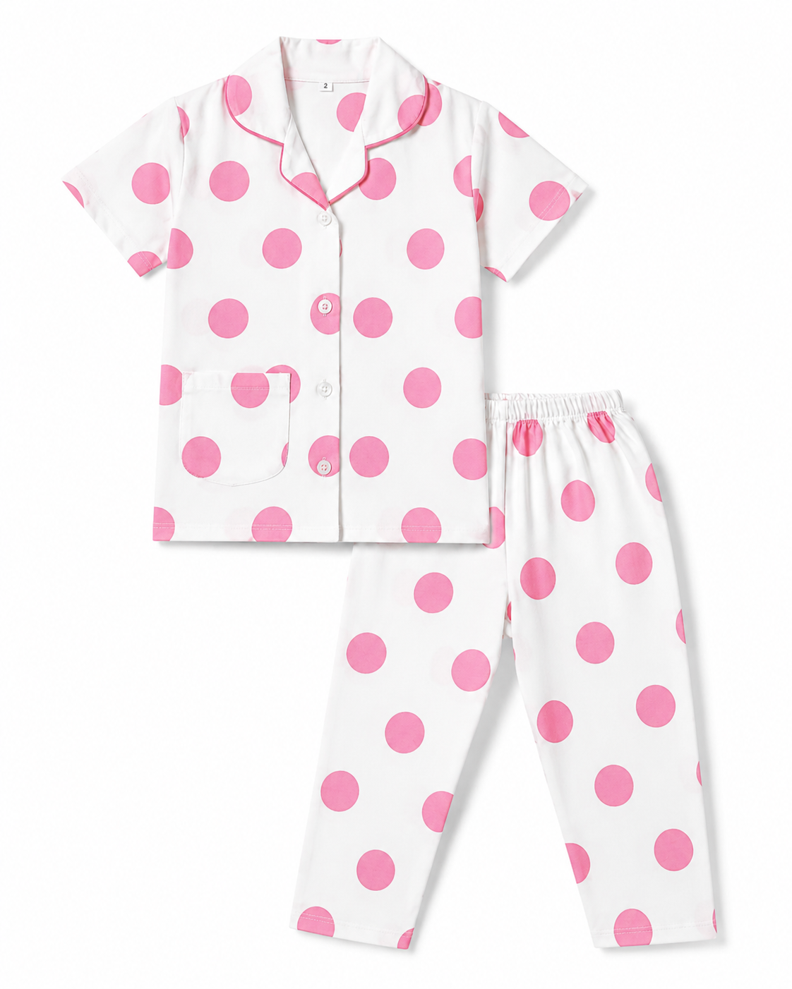 Girls Cotton Polka Dot Night Suit Set – White & Pink
