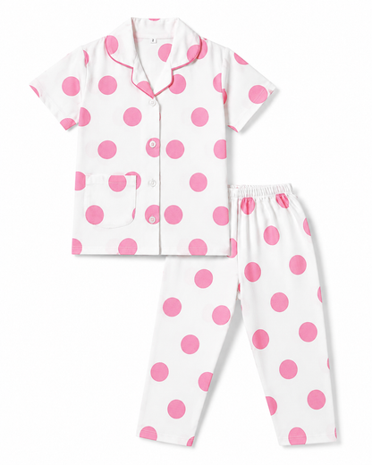 Girls Cotton Polka Dot Night Suit Set – White & Pink