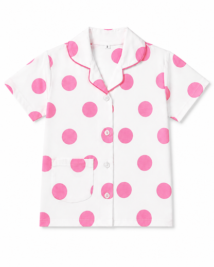Girls Cotton Polka Dot Night Suit Set – White & Pink