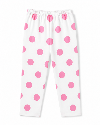 Girls Cotton Polka Dot Night Suit Set – White & Pink