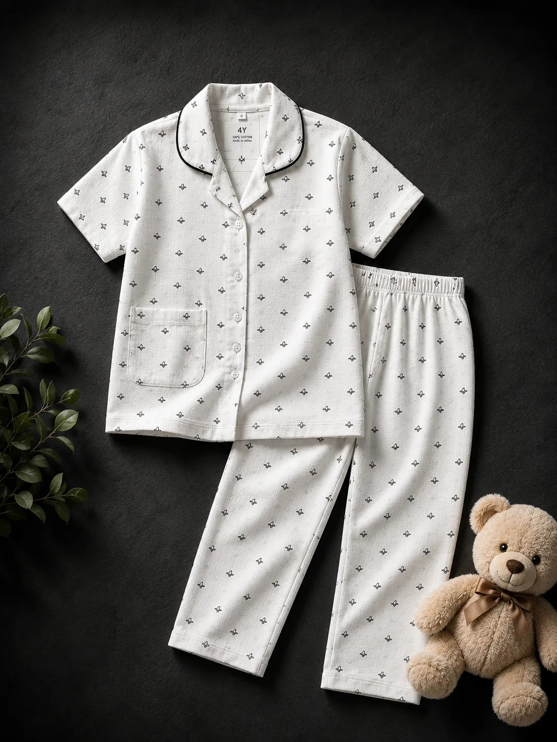 Kids Cotton Printed Night Suit Set – White Minimal Motif Print