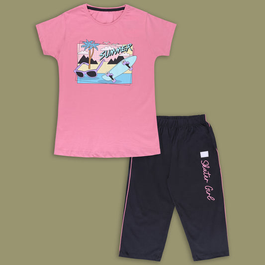 Girls Cotton Printed T-shirt and Trouser Set