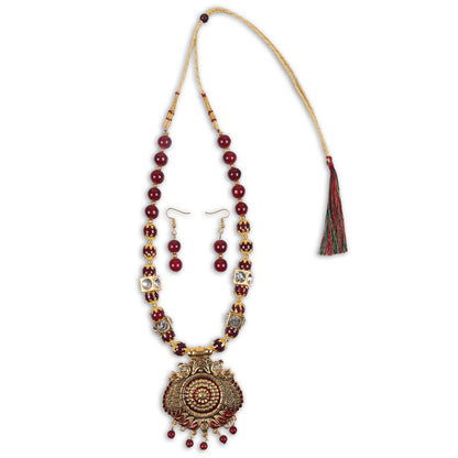 Traditional Maroon Beaded Temple Necklace Set with Pendant & Earrings