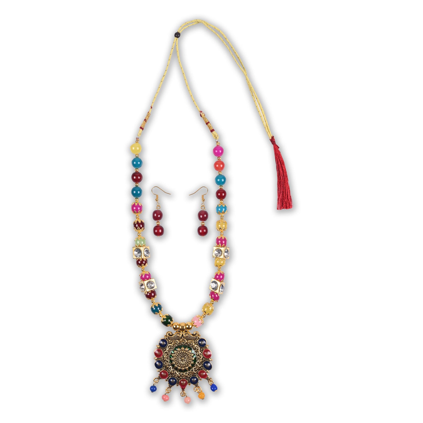 Traditional Multicolor Beaded Temple Necklace Set with Antique Pendant