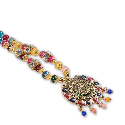 Traditional Multicolor Beaded Temple Necklace Set with Antique Pendant