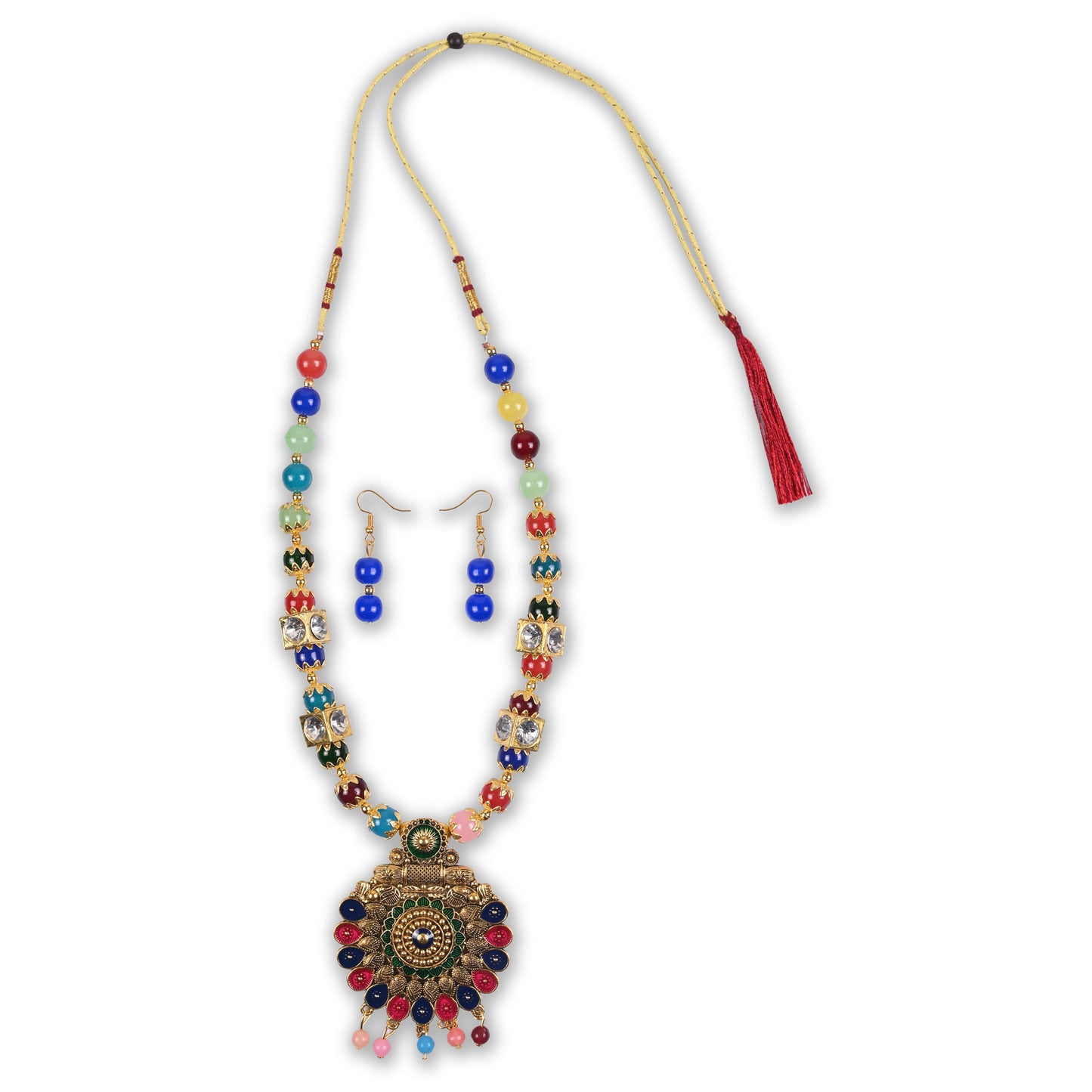 Traditional Multicolor Beaded Temple Necklace Set with Antique Floral Pendant