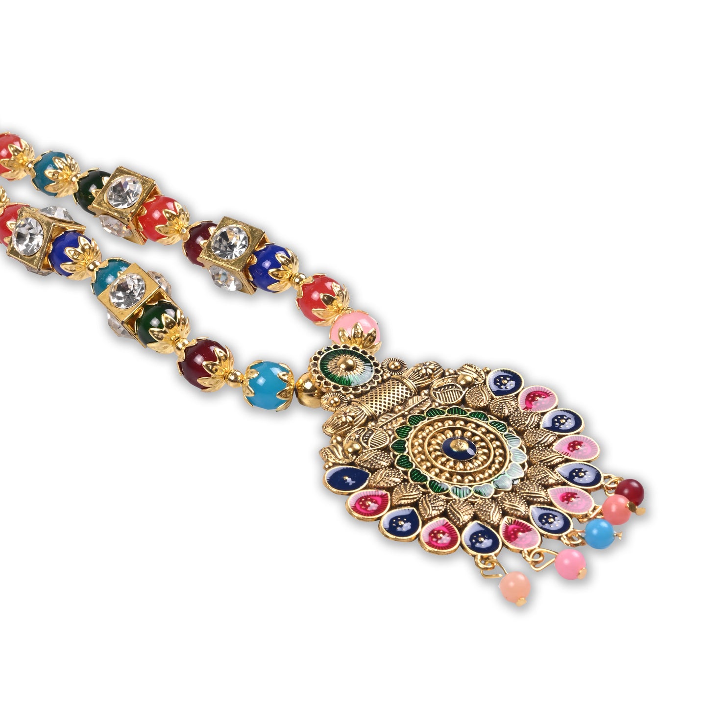Traditional Multicolor Beaded Temple Necklace Set with Antique Floral Pendant