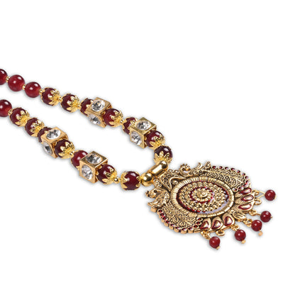 Traditional Maroon Beaded Temple Necklace Set with Pendant & Earrings