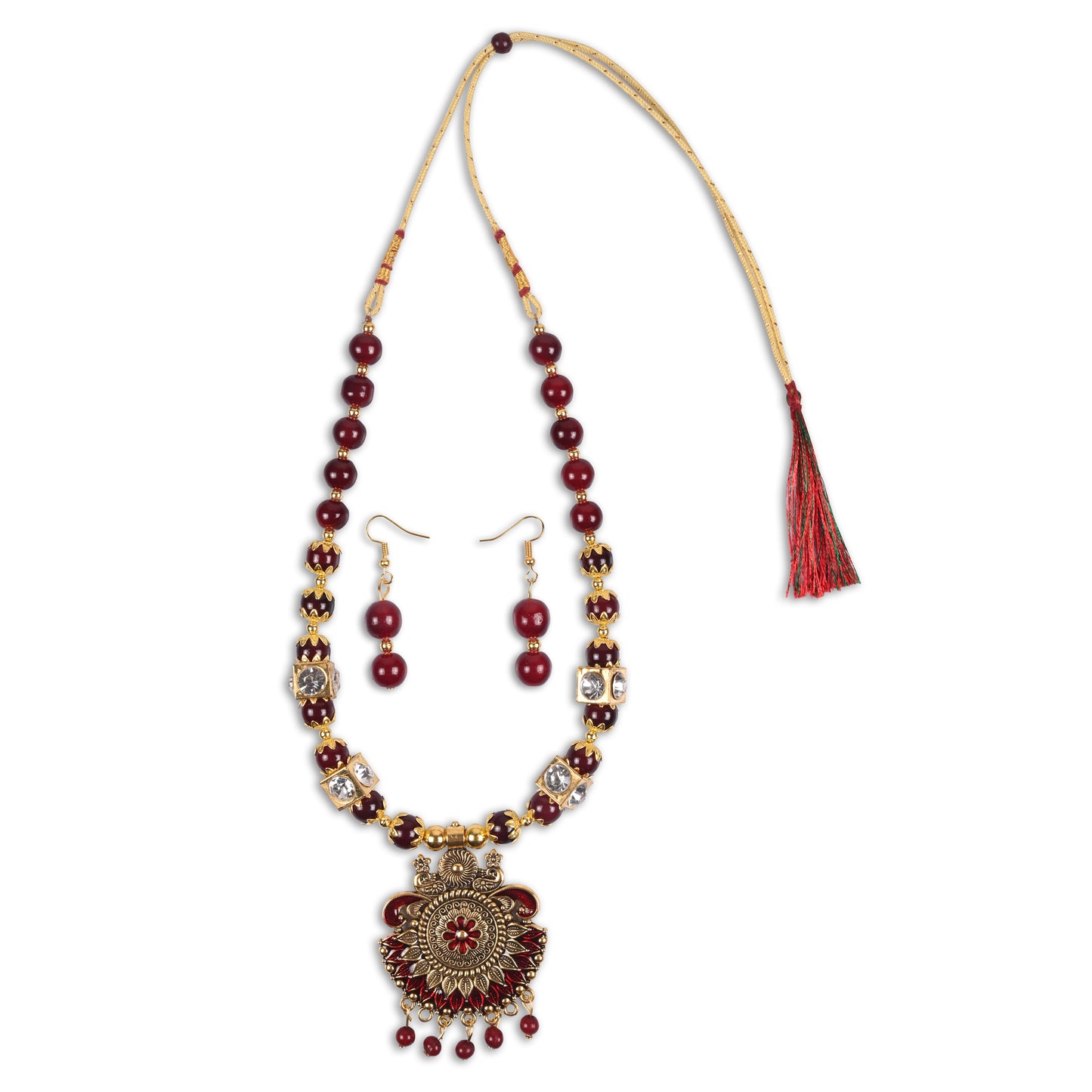 Traditional Maroon Beaded Necklace Set with Antique Gold Pendant & Earrings