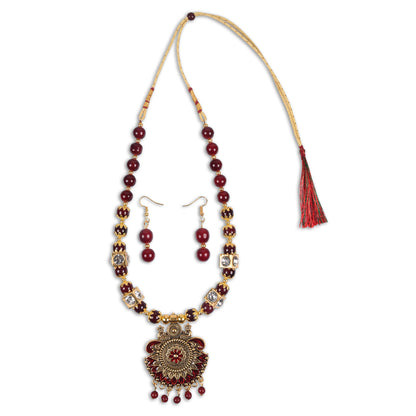 Traditional Maroon Beaded Necklace Set with Antique Gold Pendant & Earrings