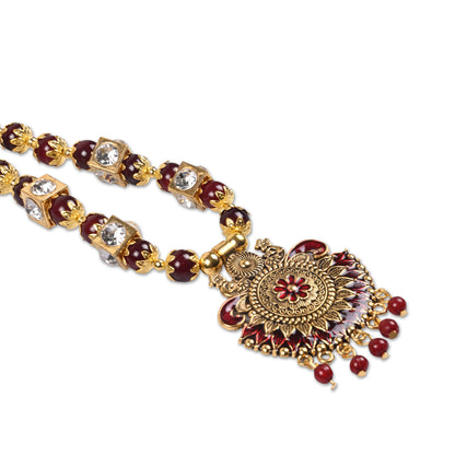 Traditional Maroon Beaded Necklace Set with Antique Gold Pendant & Earrings