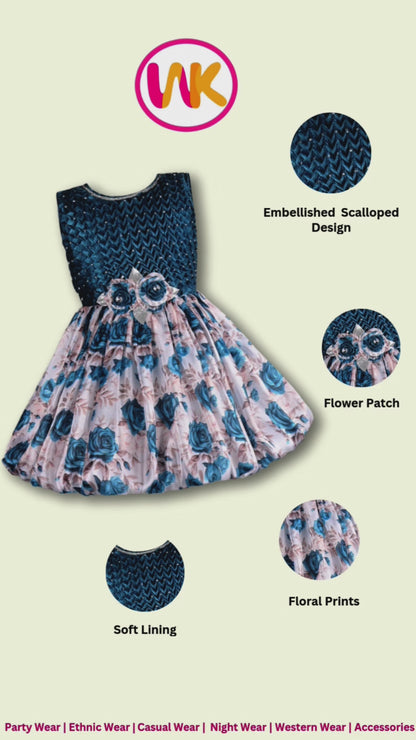 Girls Floral Print Stone Embellished Party Dress