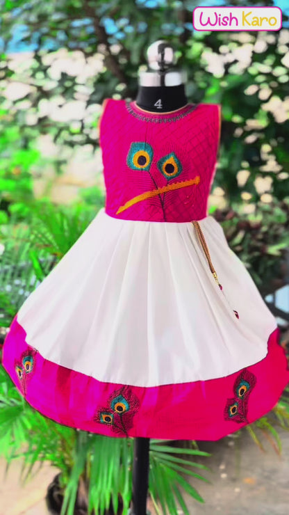 Baby Girls Peacock Embroidered Pleated Frock Dress for Onam