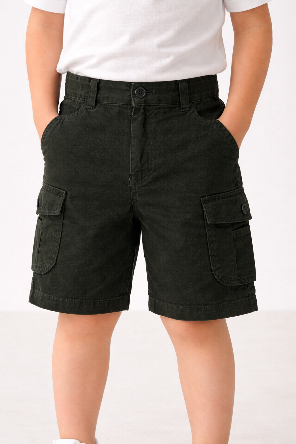 Boys Cotton Denim Cargo Shorts with Button Closure & Utility Pockets