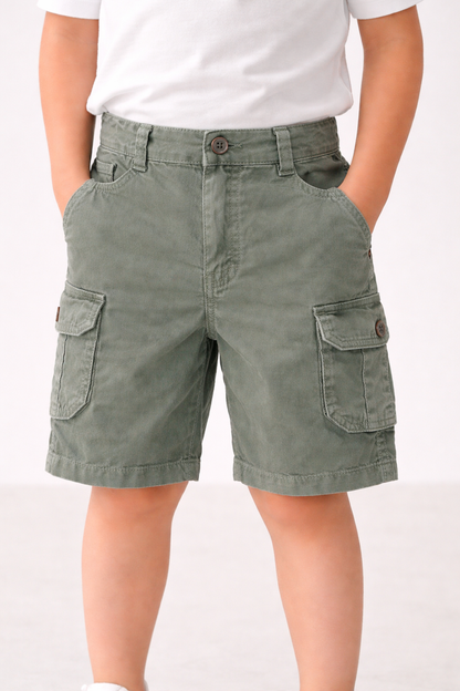 Boys Cotton Denim Cargo Shorts with Button Closure & Utility Pockets