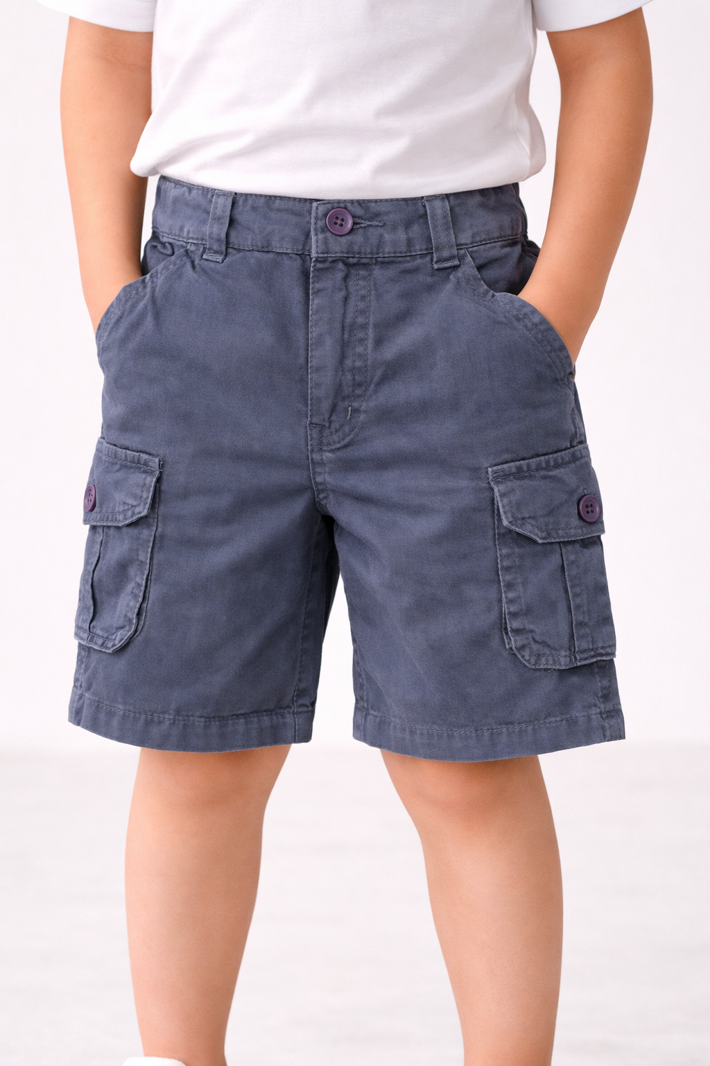 Boys Cotton Denim Cargo Shorts with Button Closure & Utility Pockets