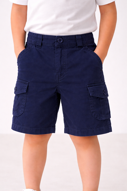 Boys Cotton Denim Cargo Shorts with Button Closure & Utility Pockets