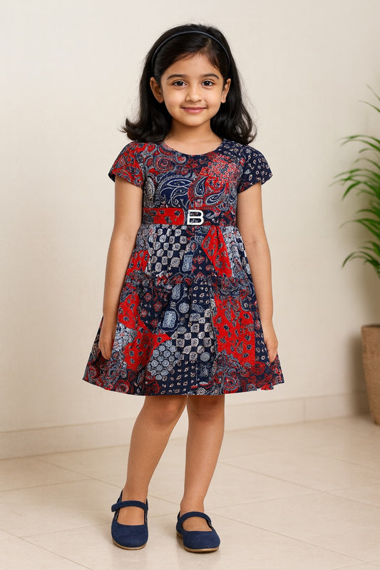Grey and Red Short Sleeve Printed Dress