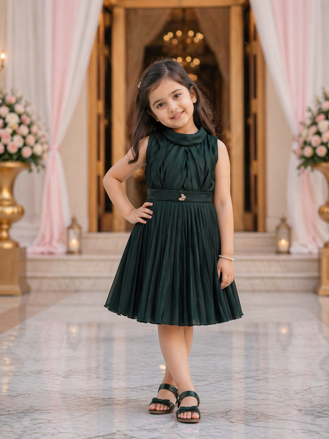 Girls Satin Solid Pleated Casual Dress